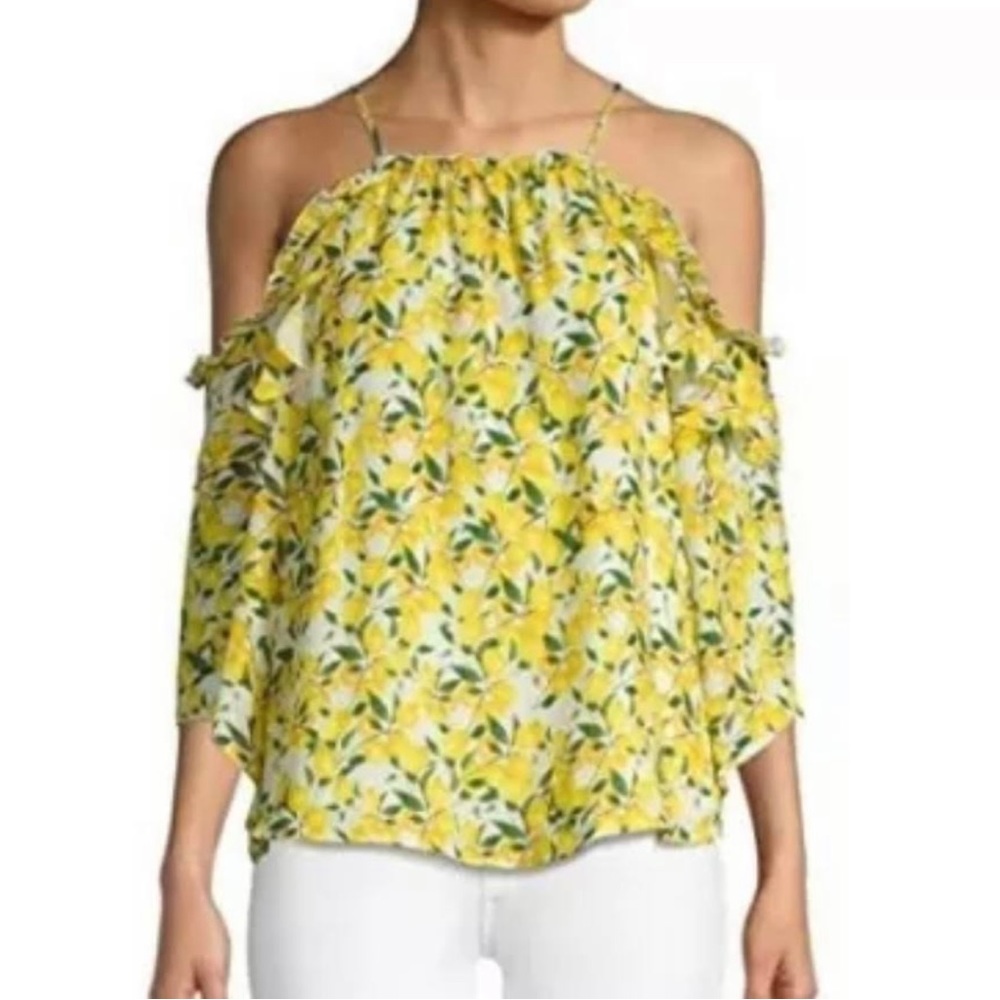 Parker Blouse Cold Shoulder Lemon Yellow and White Print Size Large